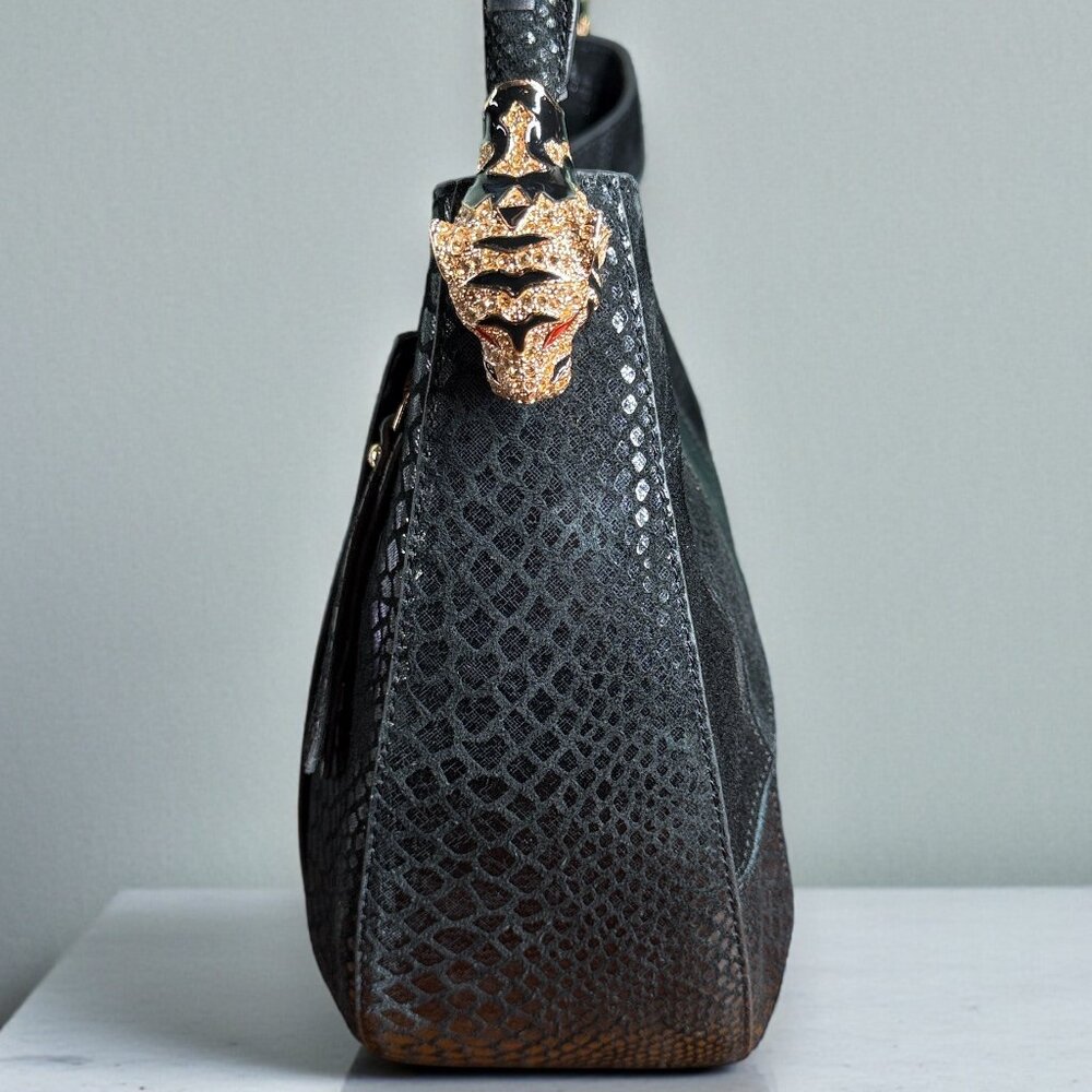 Sharif Suede & Leather Python Embossed Patchwork Gold Tiger Head Shoulder Bag - Picture 8 of 16